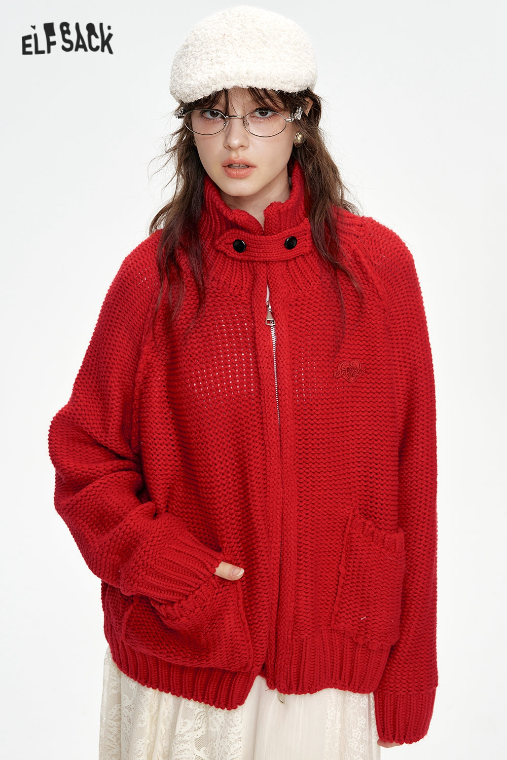 ELFSACK Stand collar loose red knitting cardigan with zipper pockets threaded closure