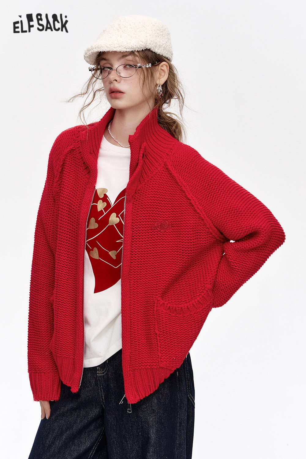ELFSACK Stand collar loose red knitting cardigan with zipper pockets threaded closure