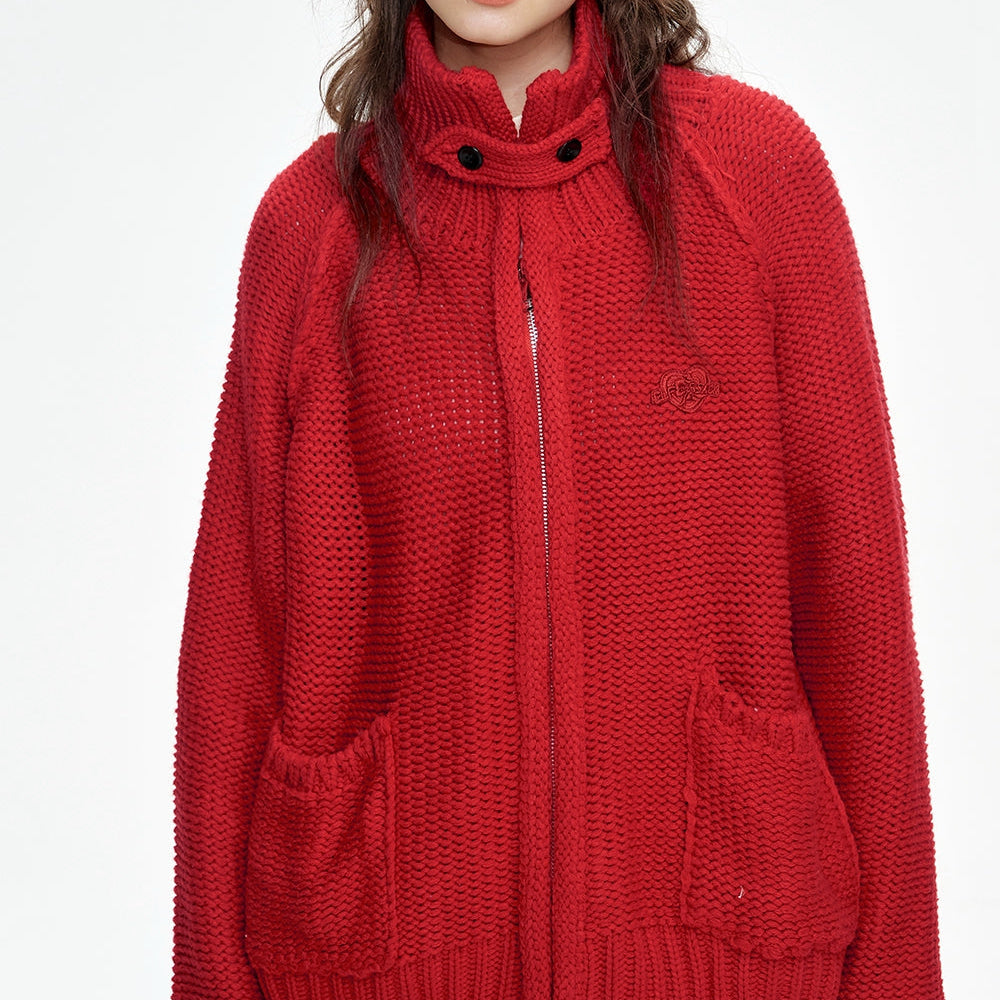 
                  
                    ELFSACK 2024 Winter New Arrivals Stand collar loose red knitting cardigan for women with zipper pockets threaded closure
                  
                