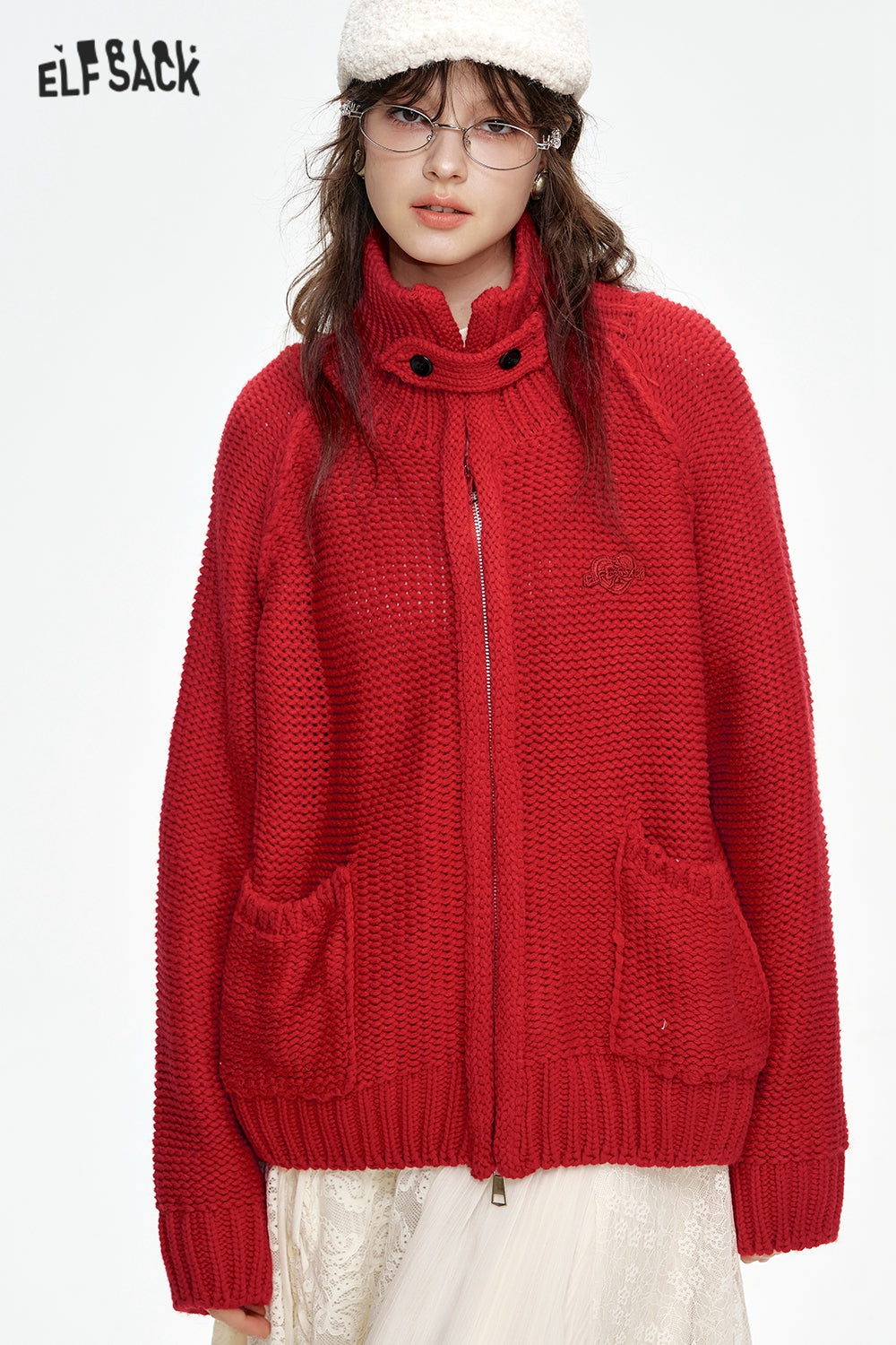 ELFSACK Stand collar loose red knitting cardigan with zipper pockets threaded closure