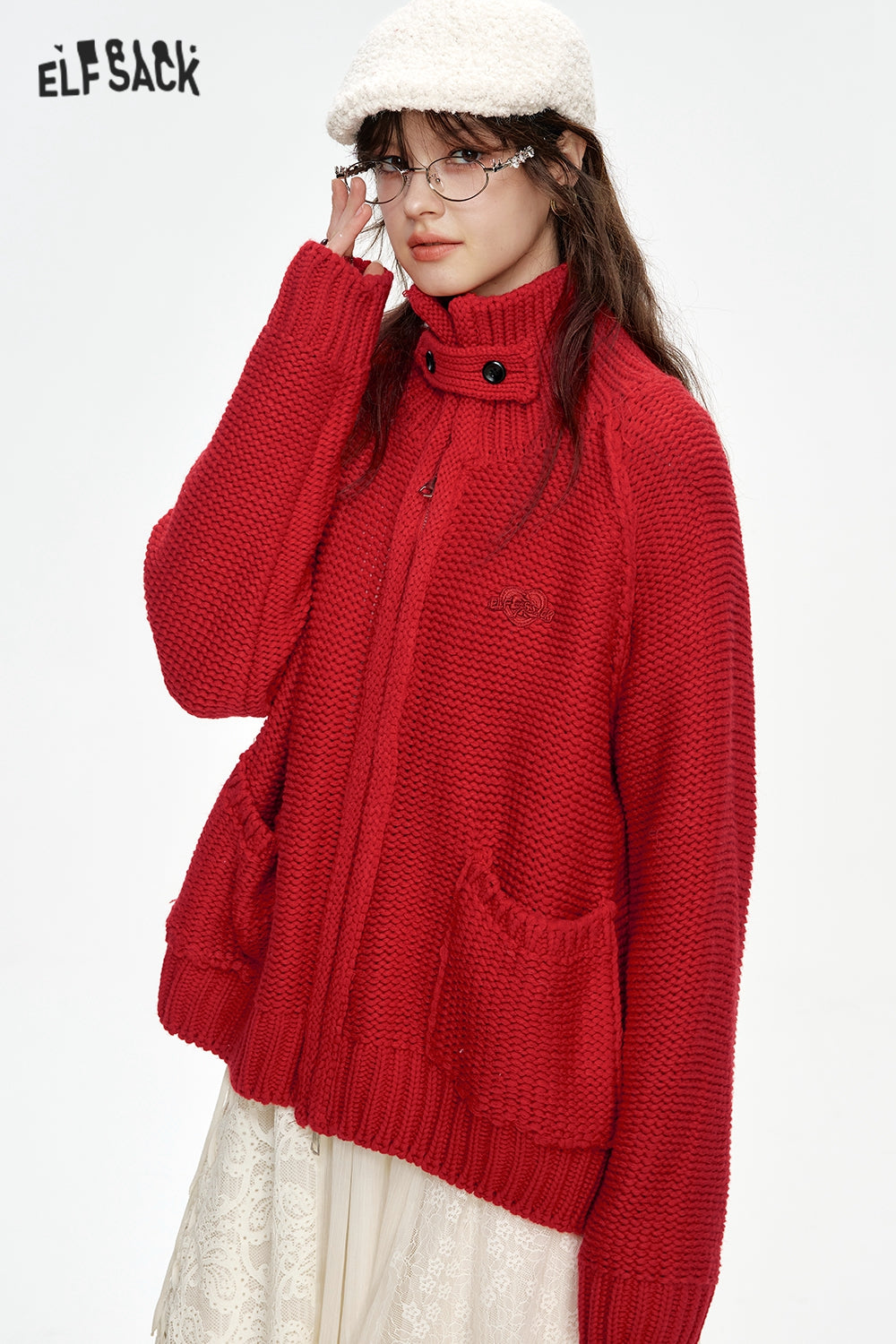 ELFSACK Stand collar loose red knitting cardigan with zipper pockets threaded closure