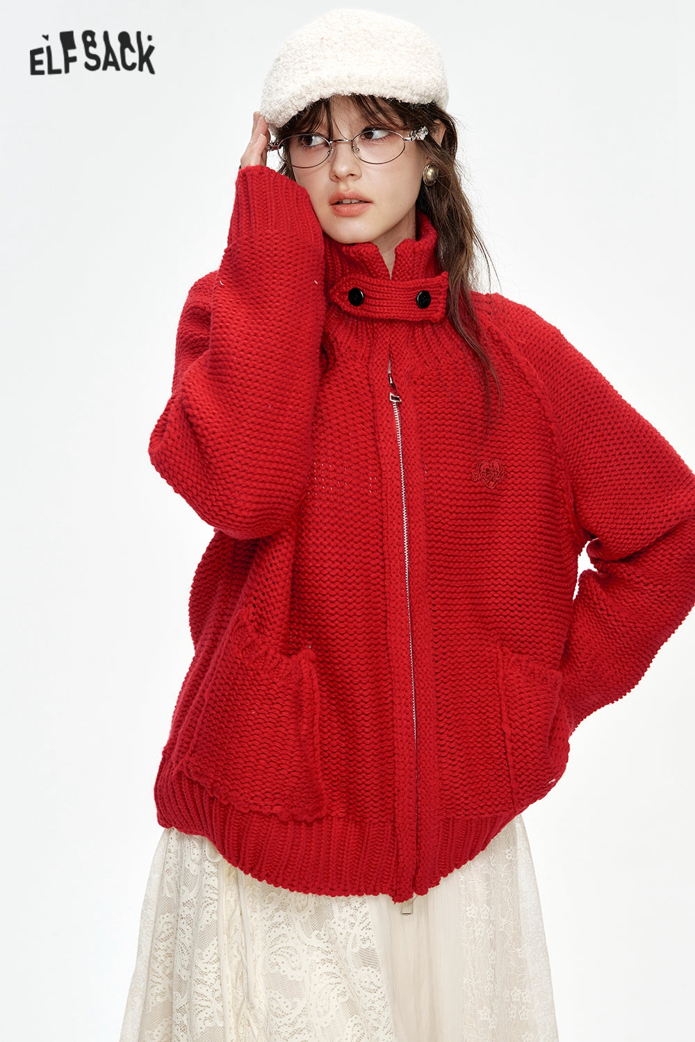 ELFSACK Stand collar loose red knitting cardigan with zipper pockets threaded closure