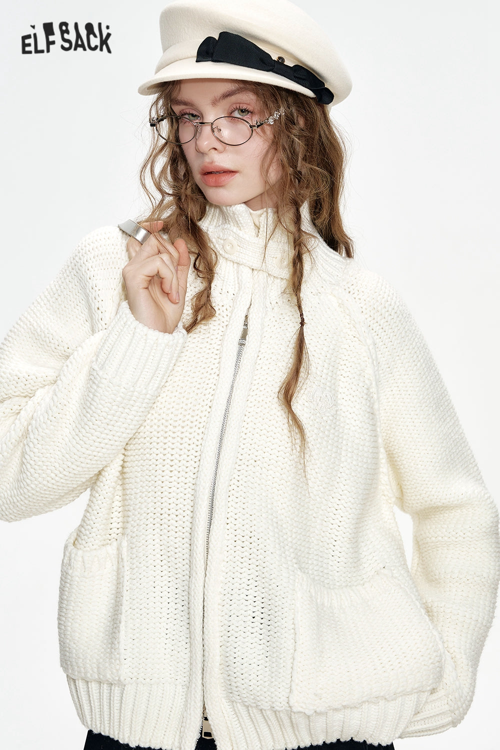 ELFSACK Stand collar loose red knitting cardigan with zipper pockets threaded closure