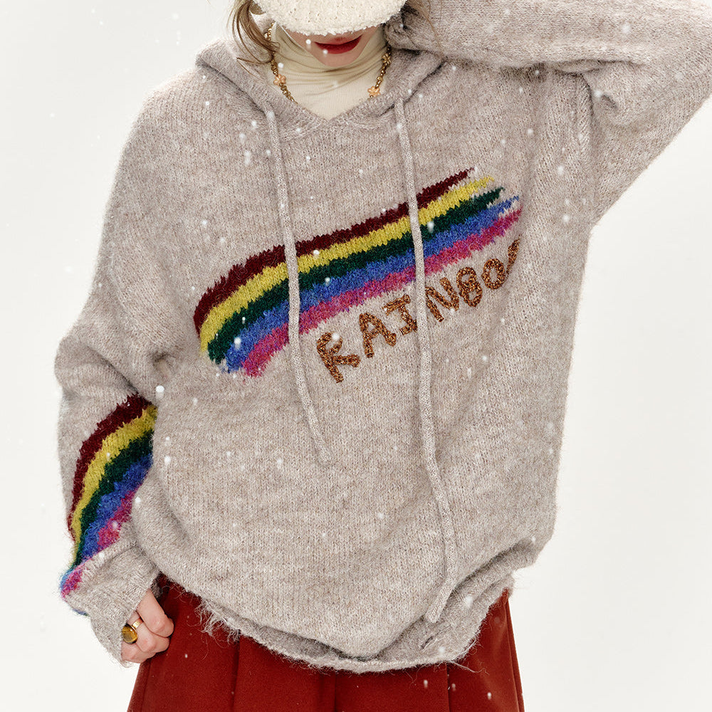 ELFSACK 2024 Winter New Arrivals Retro loose rainbow hooded sweater women soft warm top