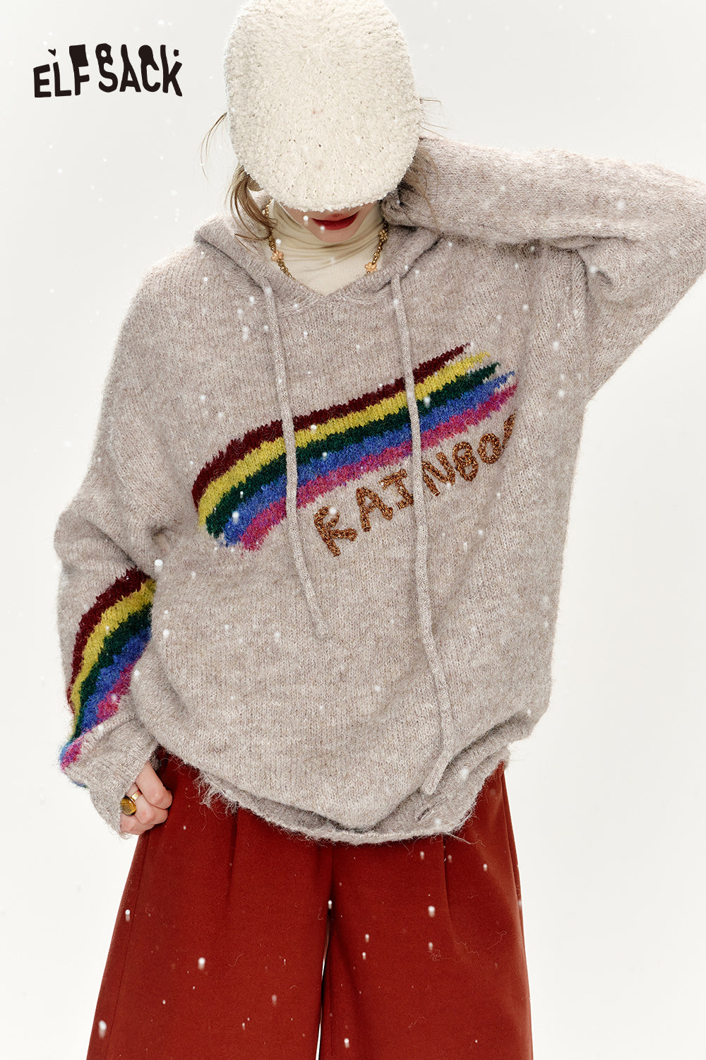 ELFSACK 2024 Winter New Arrivals Retro loose rainbow hooded sweater women soft warm top