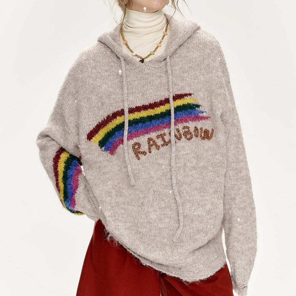 ELFSACK 2024 Winter New Arrivals Retro loose rainbow hooded sweater women soft warm top