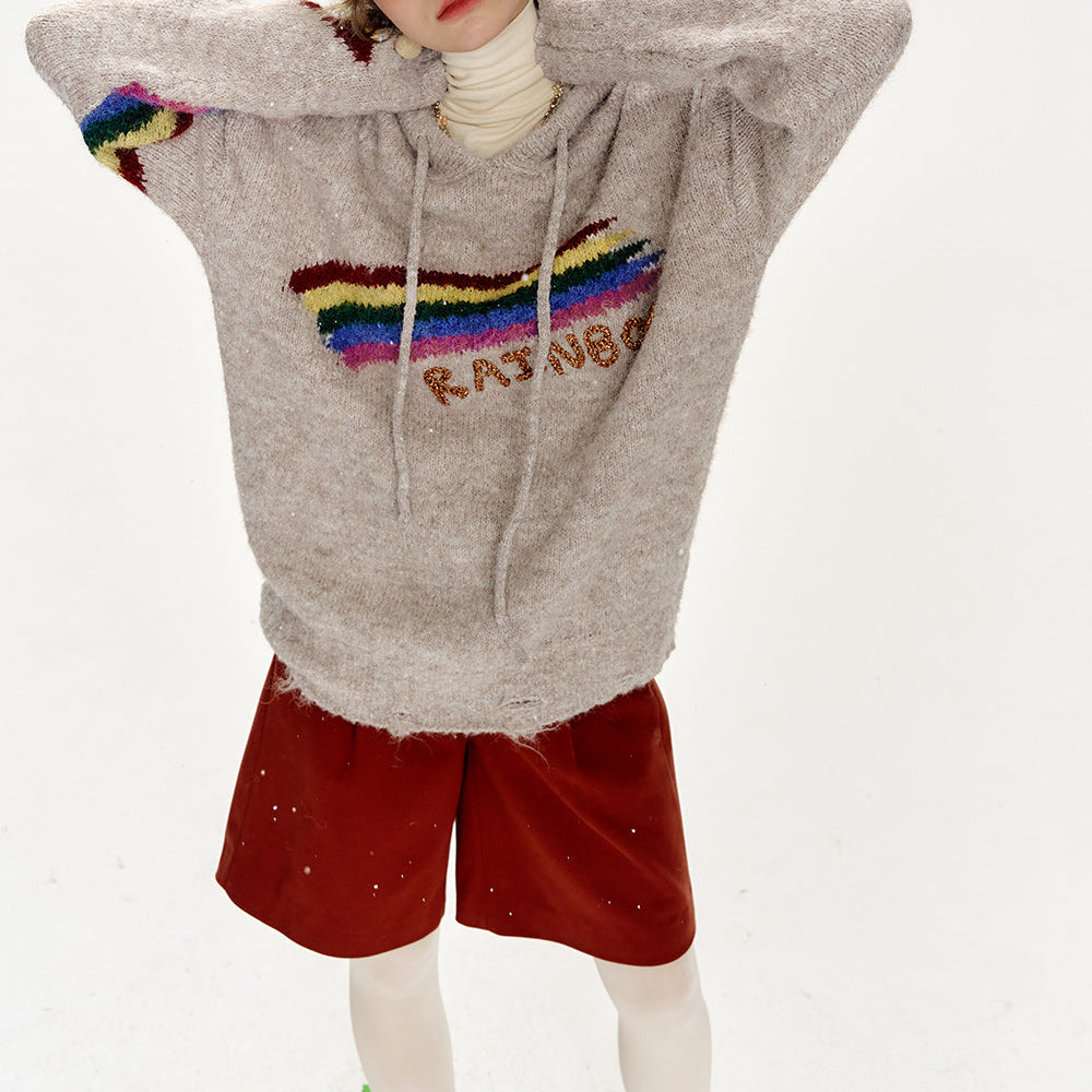 
                  
                    ELFSACK 2024 Winter New Arrivals Retro loose rainbow hooded sweater women soft warm top
                  
                