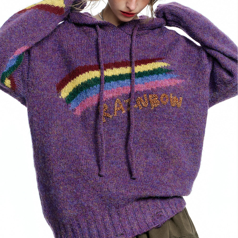 
                  
                    ELFSACK 2024 Winter New Arrivals Retro loose rainbow hooded sweater women soft warm top
                  
                