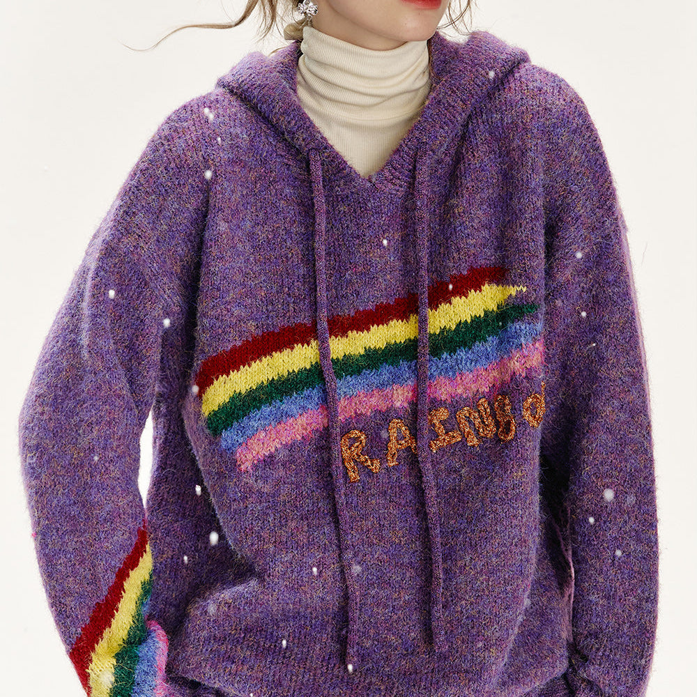 
                  
                    ELFSACK 2024 Winter New Arrivals Retro loose rainbow hooded sweater women soft warm top
                  
                