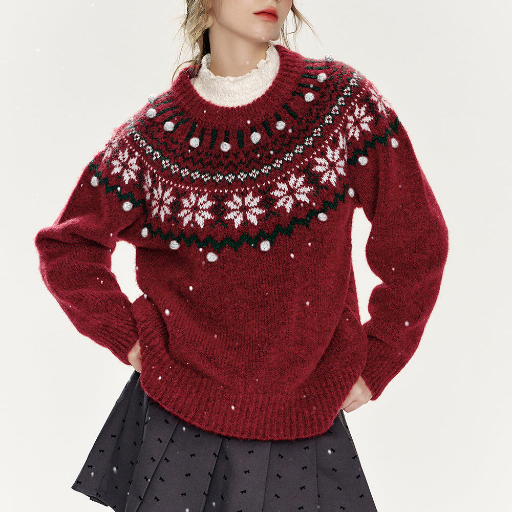 ELFSACK 2024 Winter New Arrivals Christmas Red Loose Fair Isle Thickened Sweater Women