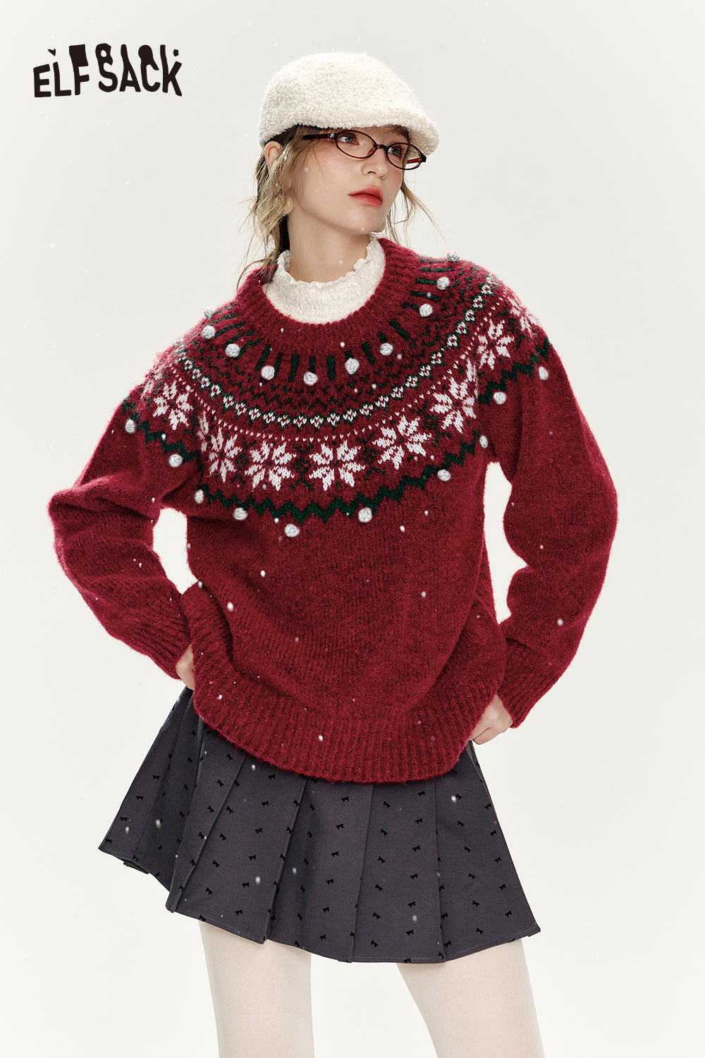 ELFSACK Christmas Red Loose Fair Isle Thickened Sweater Women
