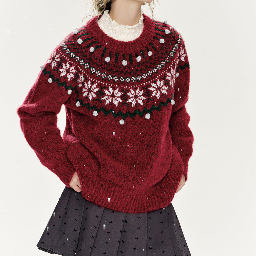 ELFSACK 2024 Winter New Arrivals Christmas Red Loose Fair Isle Thickened Sweater Women