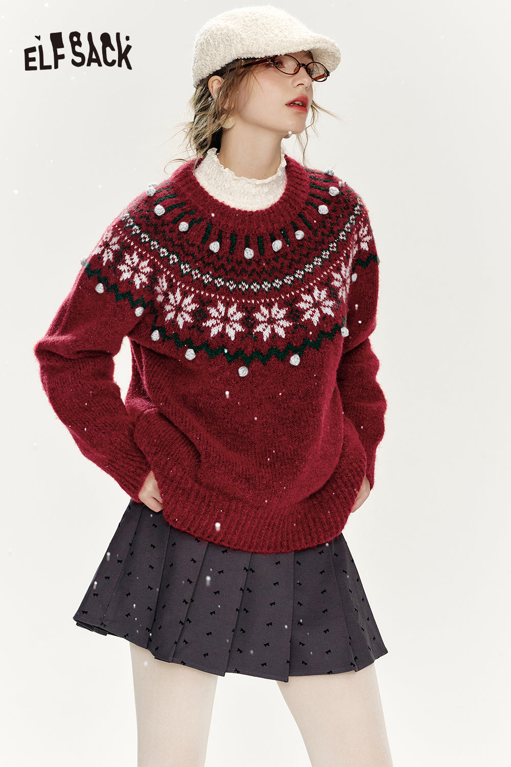 ELFSACK Christmas Red Loose Fair Isle Thickened Sweater Women