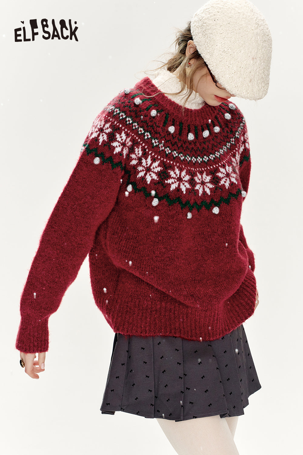 ELFSACK Christmas Red Loose Fair Isle Thickened Sweater Women