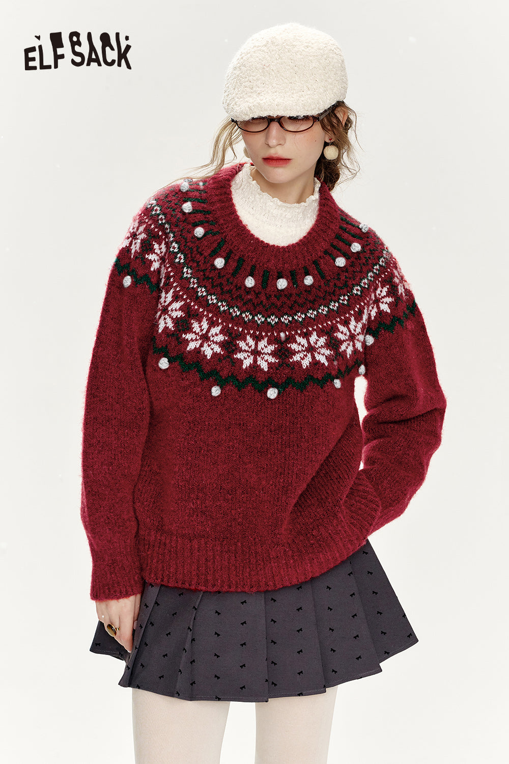 ELFSACK Christmas Red Loose Fair Isle Thickened Sweater Women