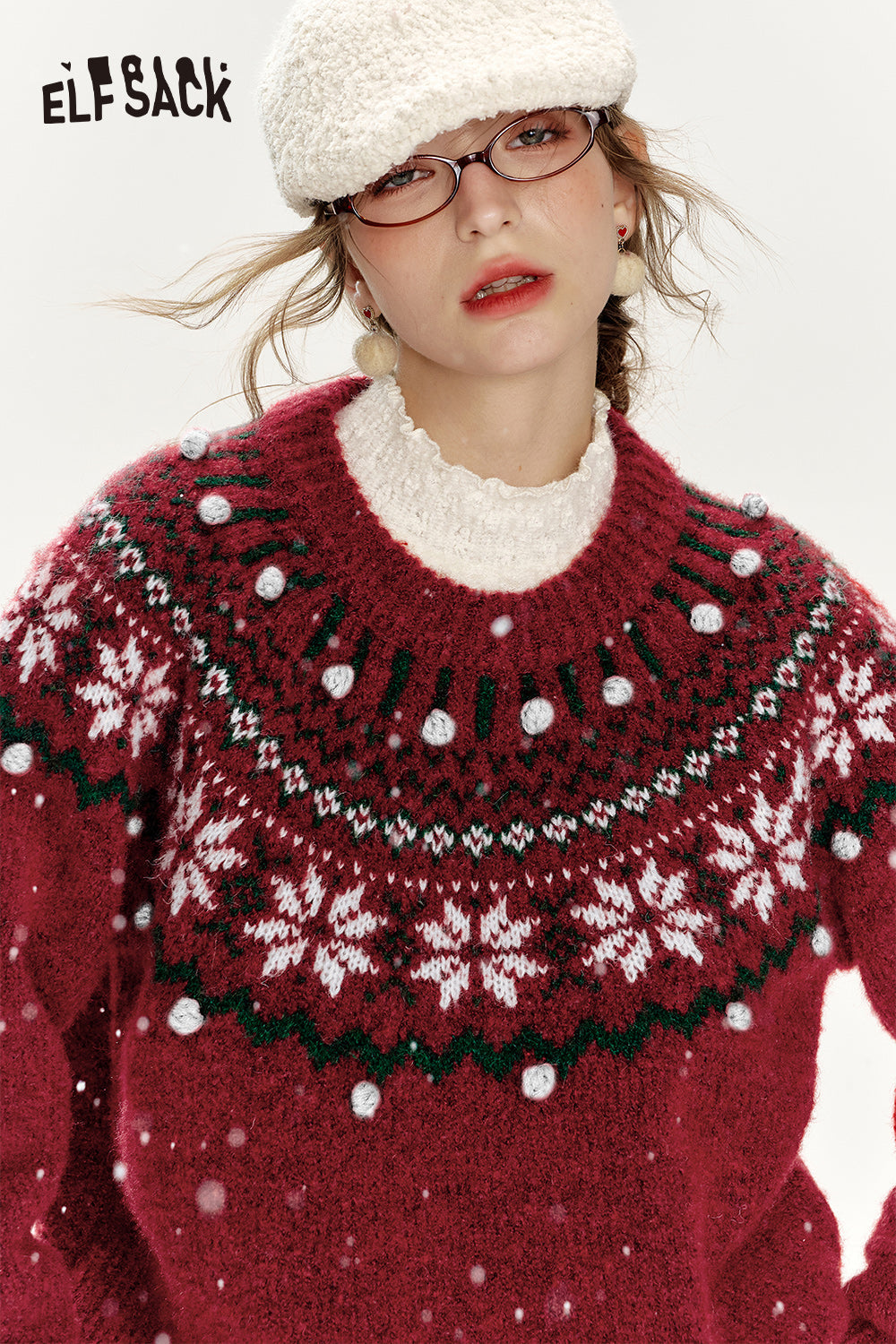 ELFSACK Christmas Red Loose Fair Isle Thickened Sweater Women