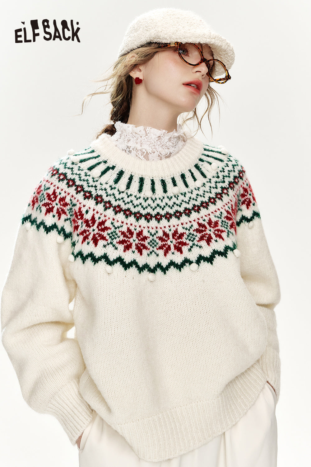 ELFSACK Christmas Red Loose Fair Isle Thickened Sweater Women