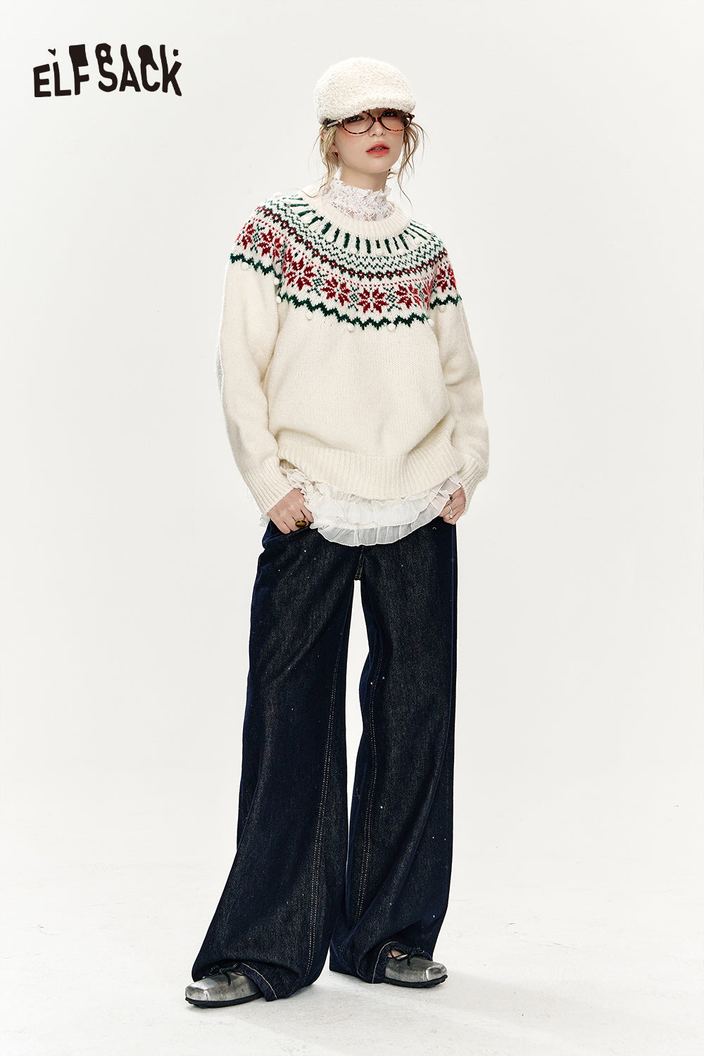 ELFSACK Christmas Red Loose Fair Isle Thickened Sweater Women
