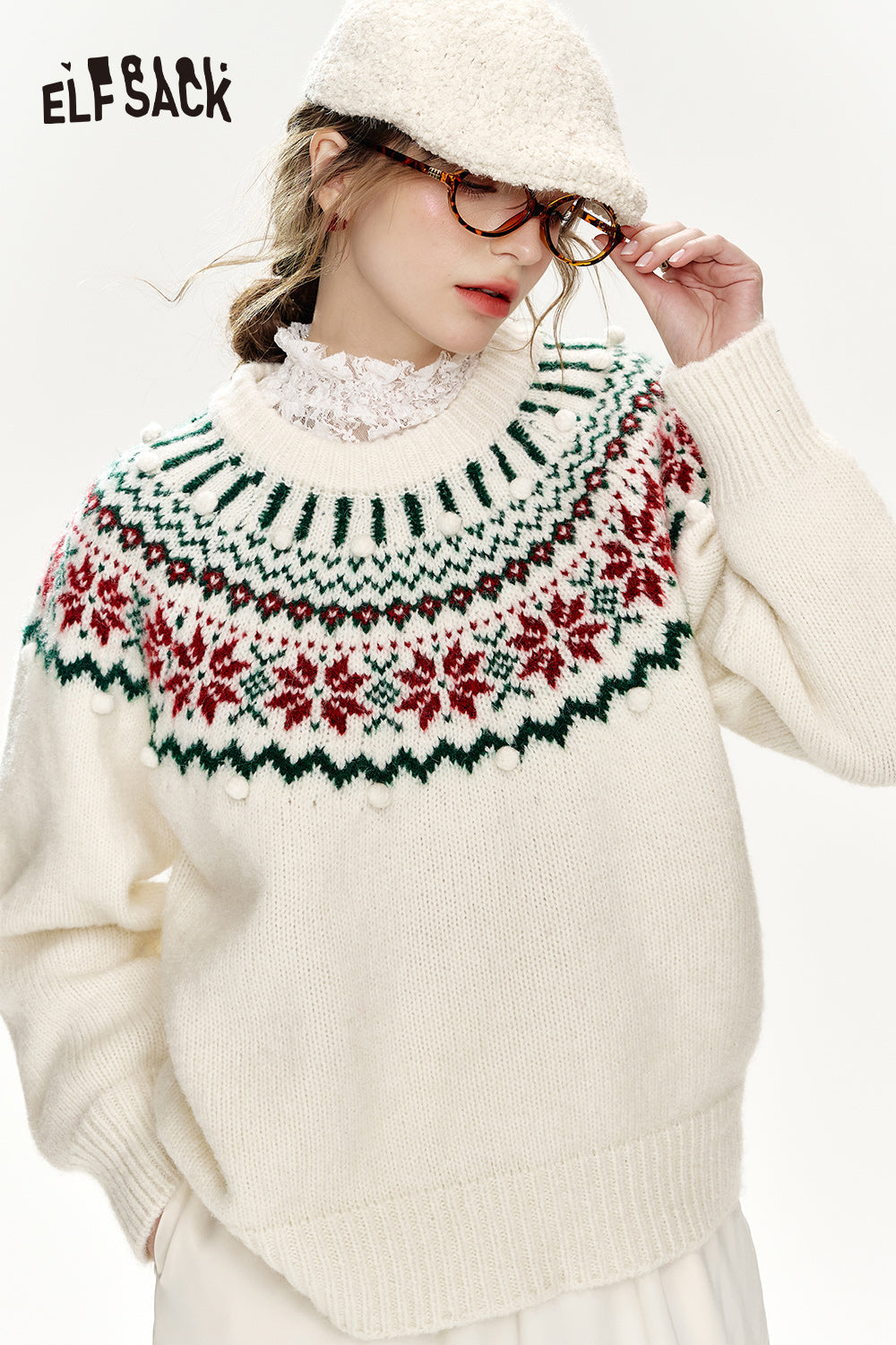 ELFSACK Christmas Red Loose Fair Isle Thickened Sweater Women