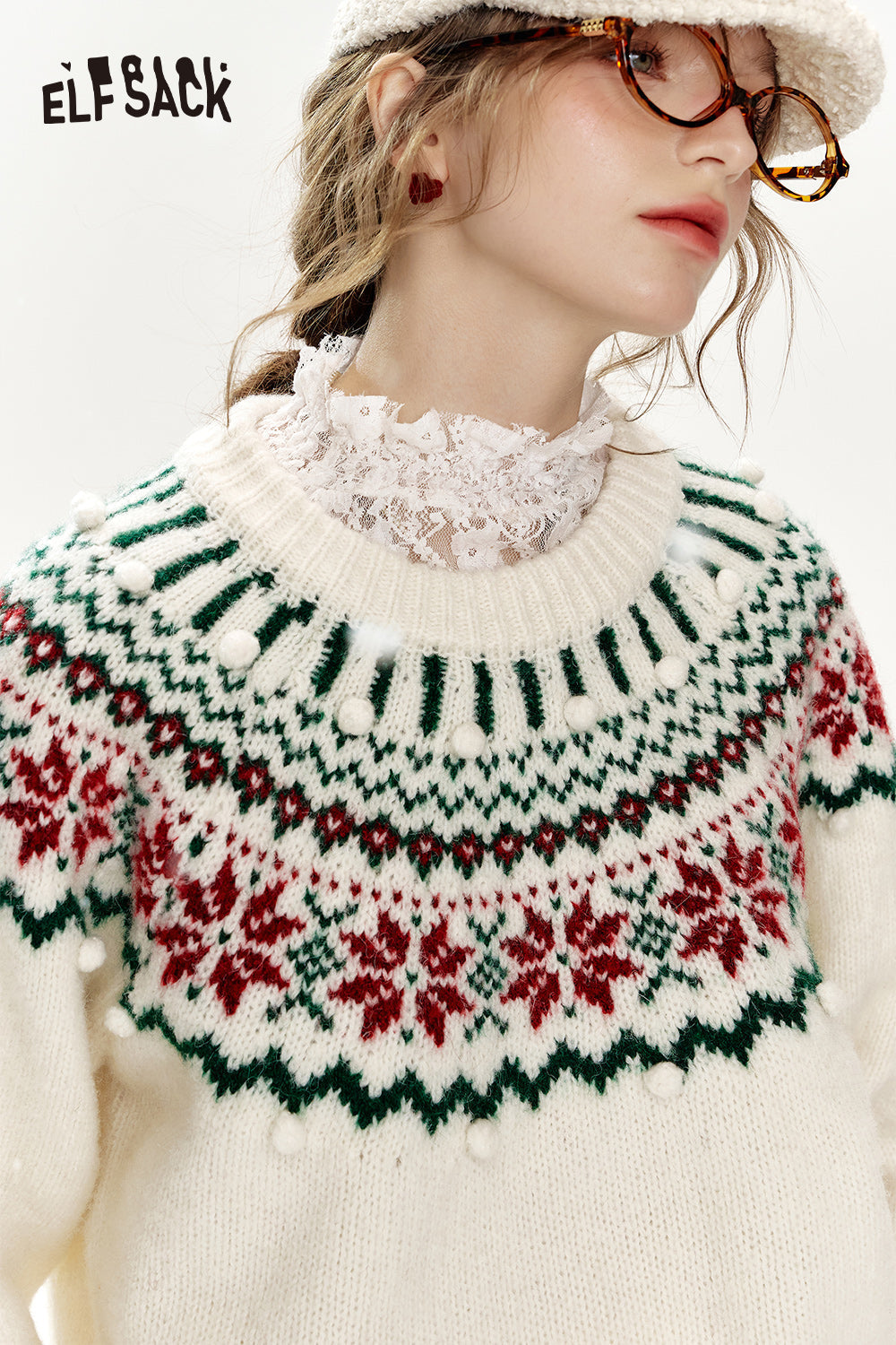 ELFSACK Christmas Red Loose Fair Isle Thickened Sweater Women