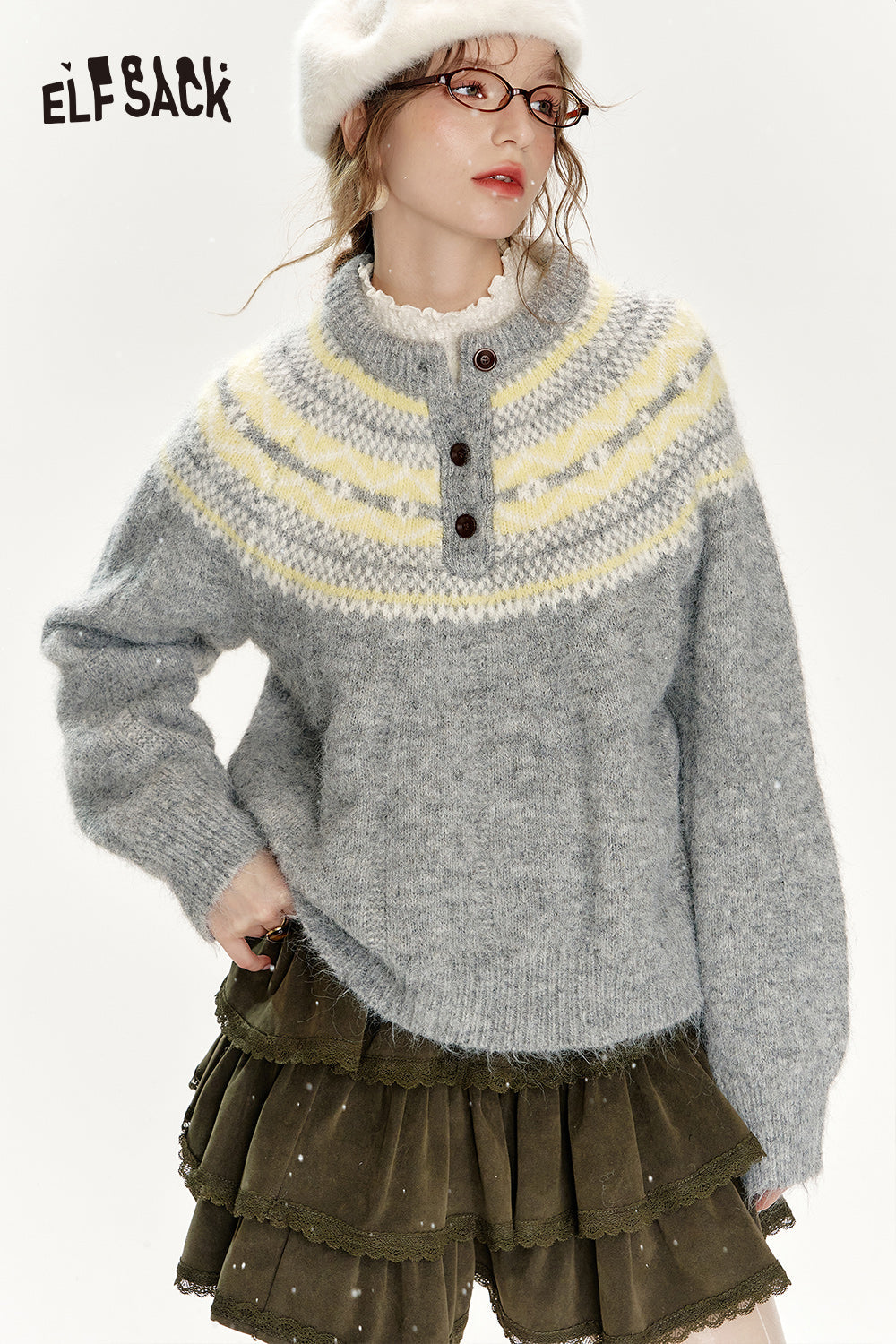 ELFSACK Christmas Red Loose Fair Isle Thickened Sweater Women