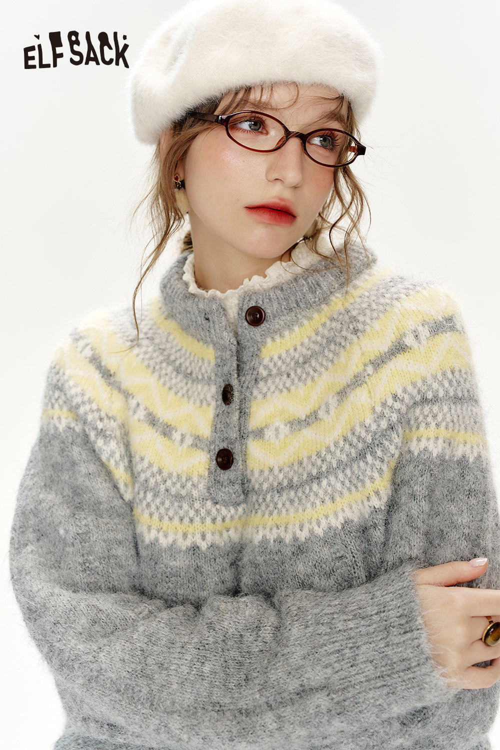 ELFSACK Christmas Red Loose Fair Isle Thickened Sweater Women