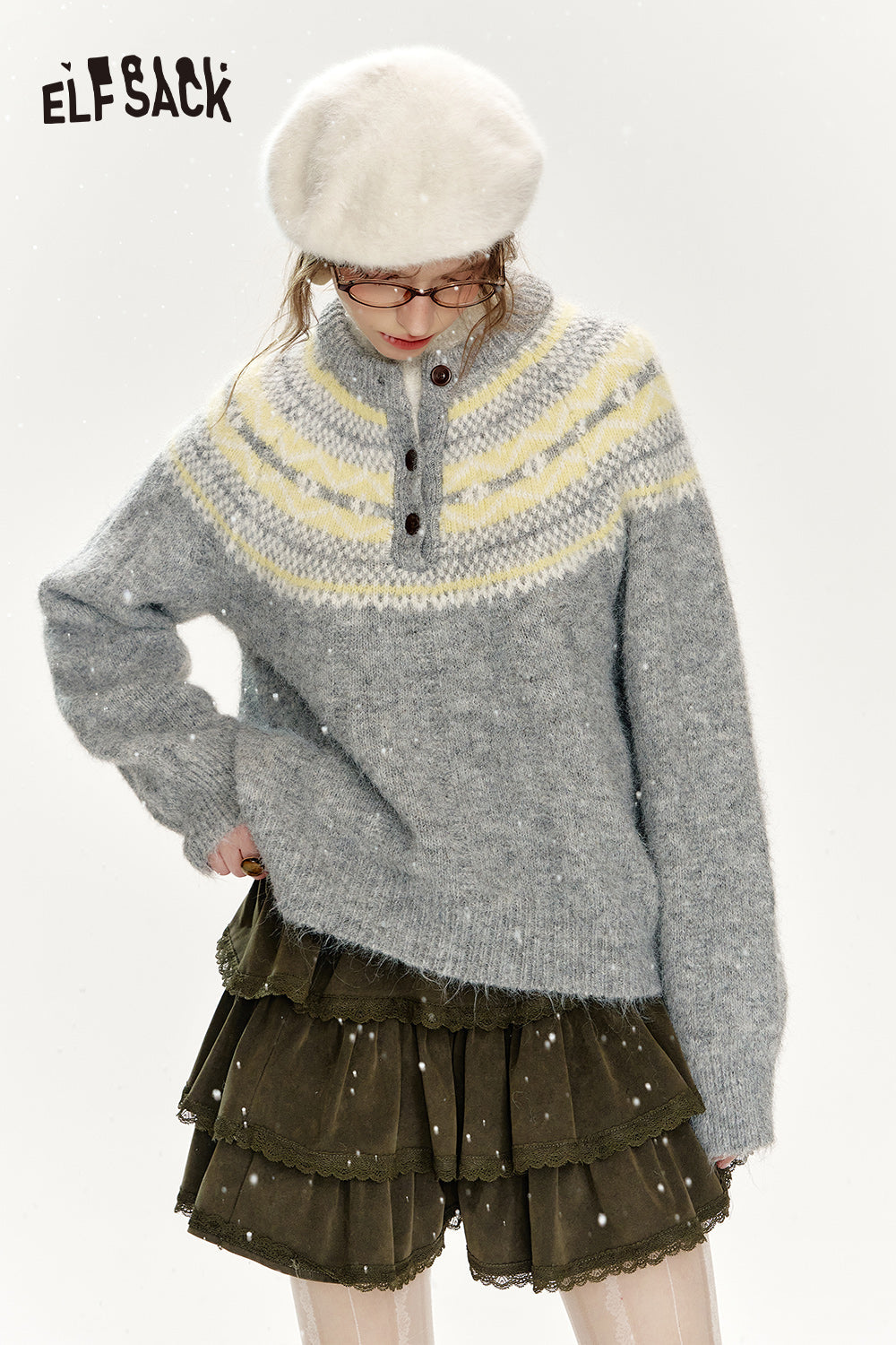 ELFSACK Christmas Red Loose Fair Isle Thickened Sweater Women
