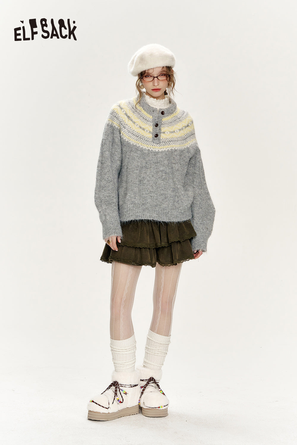ELFSACK Christmas Red Loose Fair Isle Thickened Sweater Women