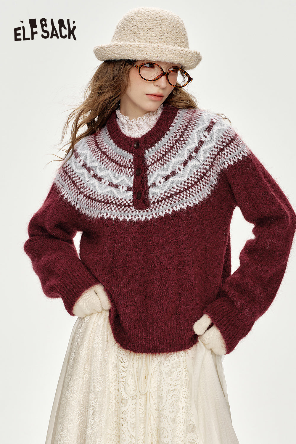 ELFSACK Christmas Red Loose Fair Isle Thickened Sweater Women