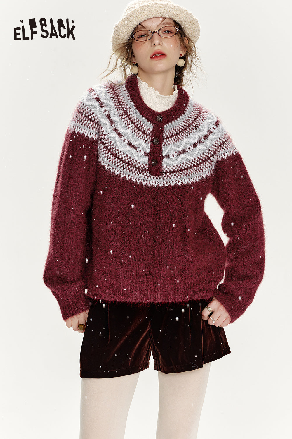 ELFSACK Christmas Red Loose Fair Isle Thickened Sweater Women