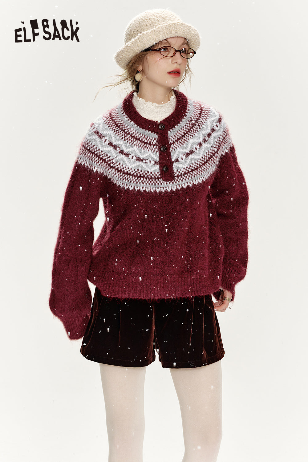 ELFSACK Christmas Red Loose Fair Isle Thickened Sweater Women
