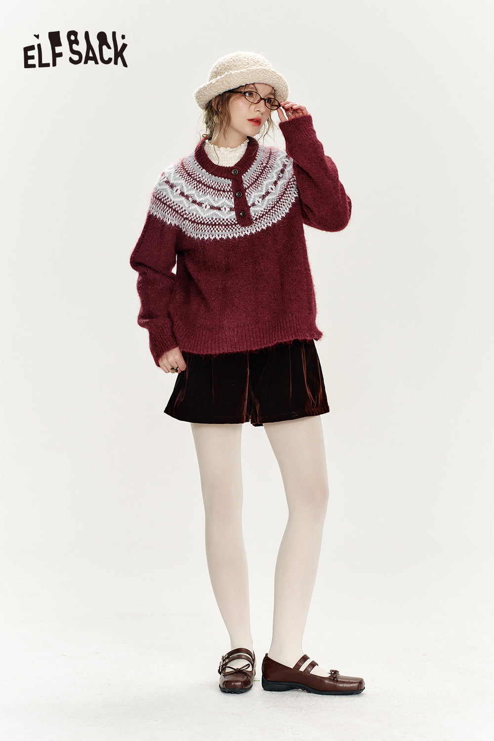 ELFSACK Christmas Red Loose Fair Isle Thickened Sweater Women
