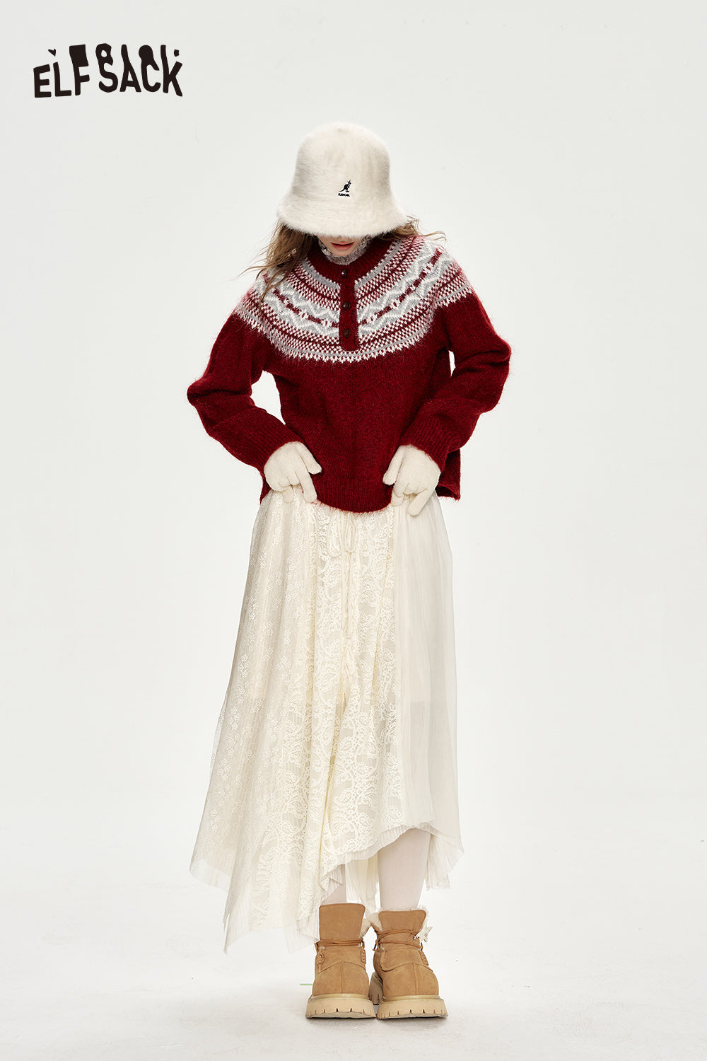 ELFSACK Christmas Red Loose Fair Isle Thickened Sweater Women