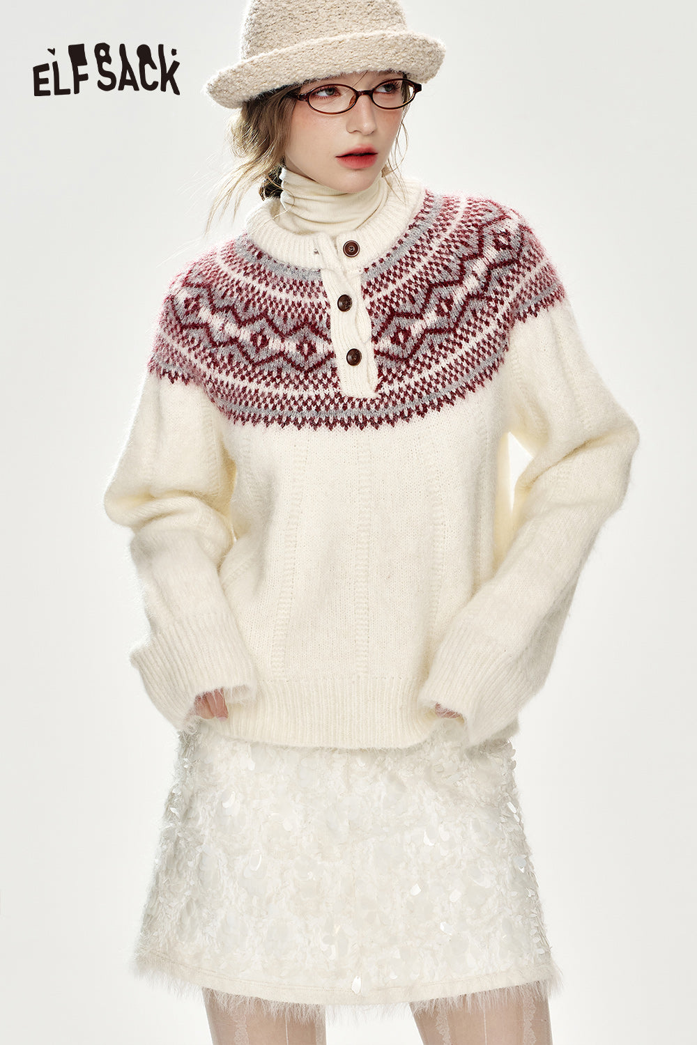 ELFSACK Christmas Red Loose Fair Isle Thickened Sweater Women