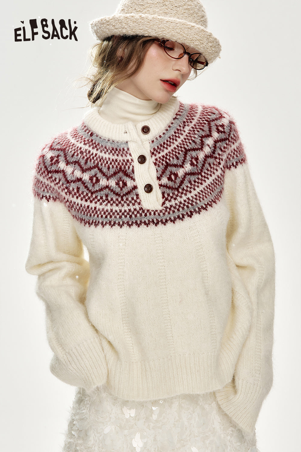 ELFSACK Christmas Red Loose Fair Isle Thickened Sweater Women