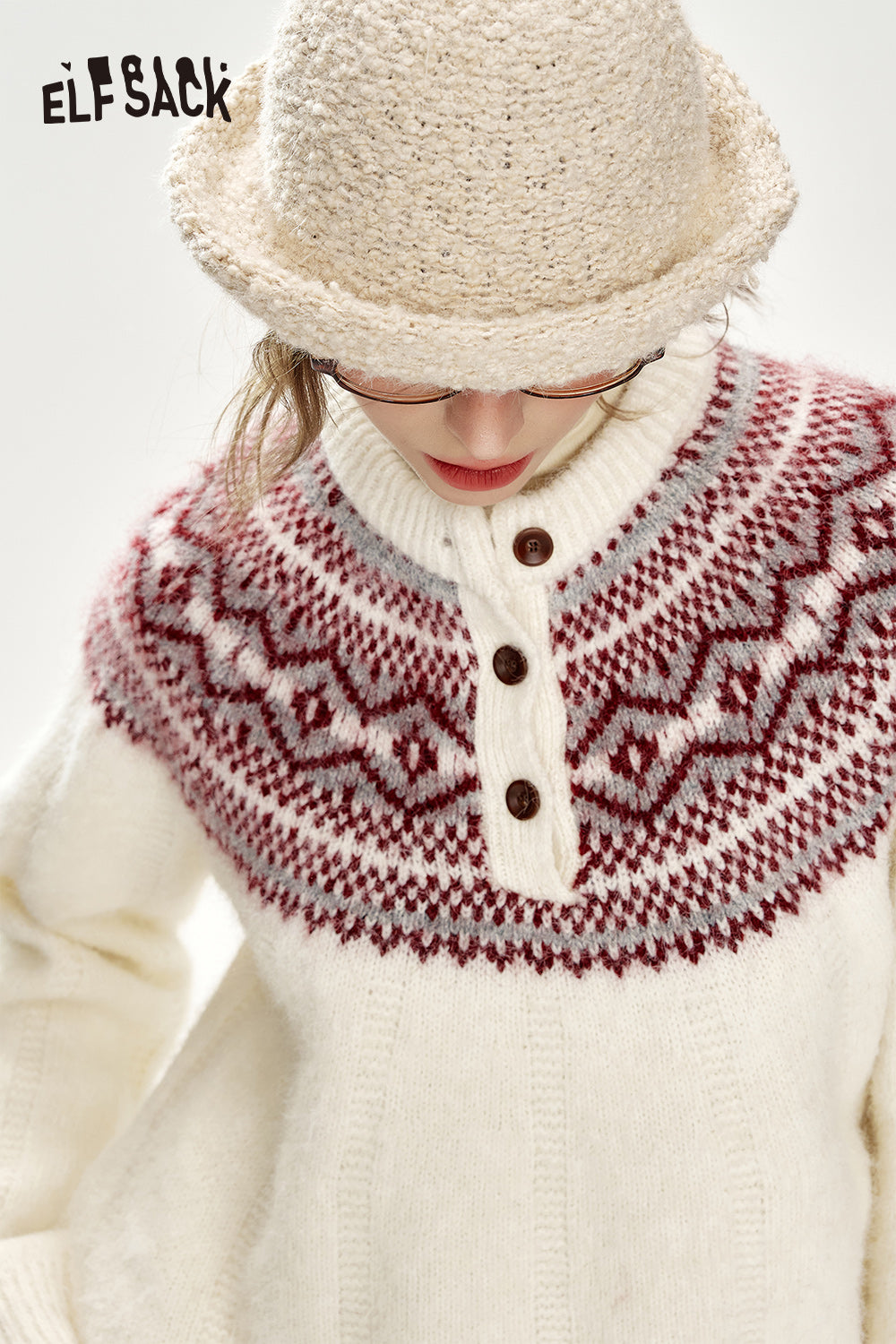 ELFSACK Christmas Red Loose Fair Isle Thickened Sweater Women