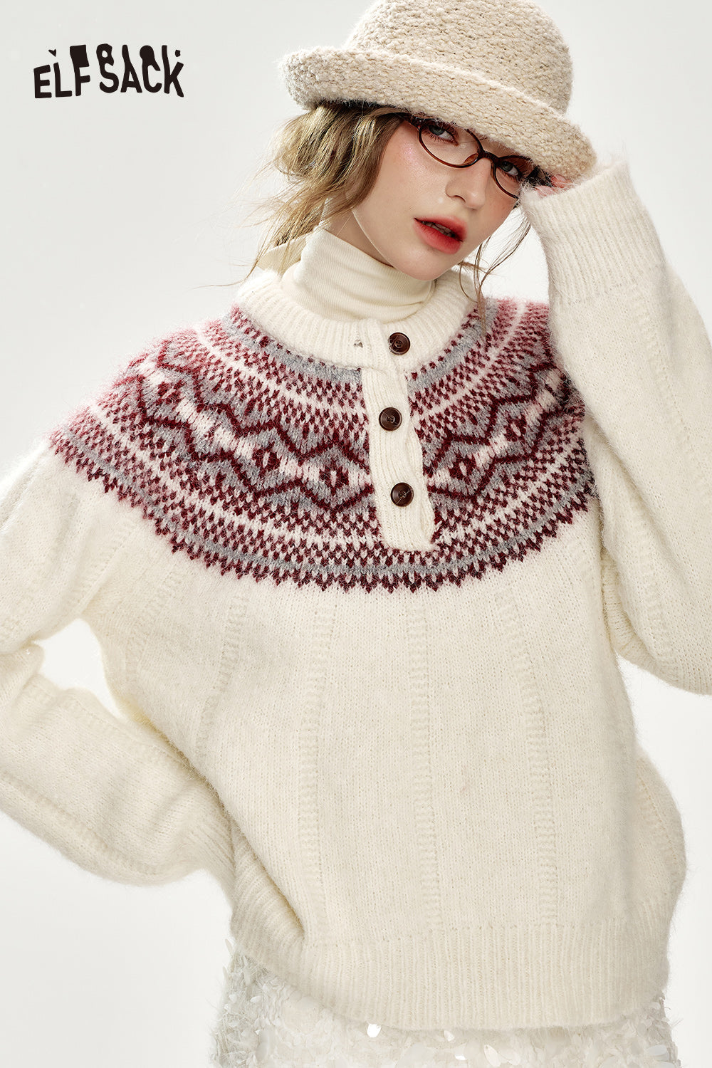 ELFSACK Christmas Red Loose Fair Isle Thickened Sweater Women