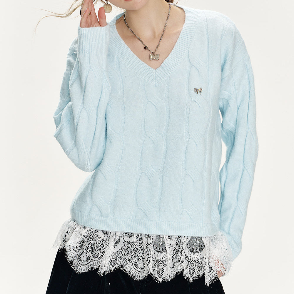 
                  
                    ELFSACK 2024 Winter New Arrivals Preppy style soft sweater for women with v-neck lace stitching
                  
                