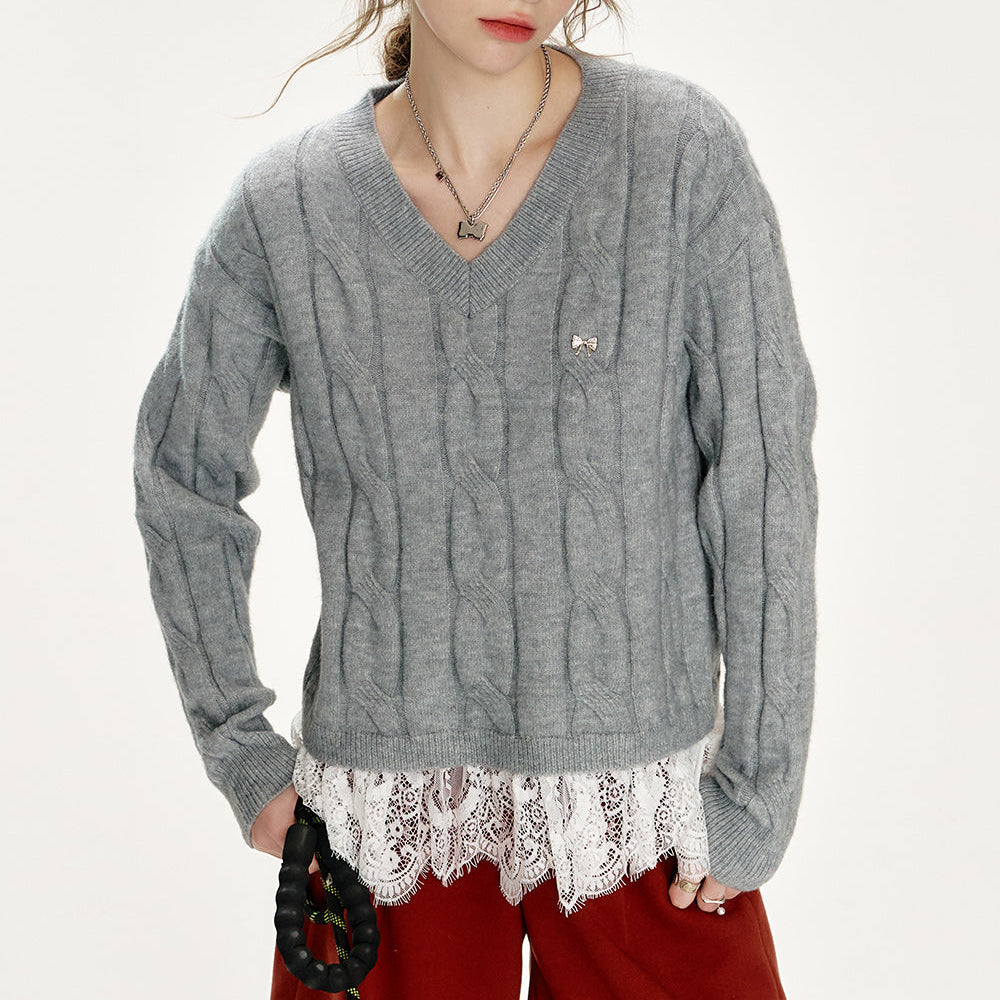 
                  
                    ELFSACK 2024 Winter New Arrivals Preppy style soft sweater for women with v-neck lace stitching
                  
                