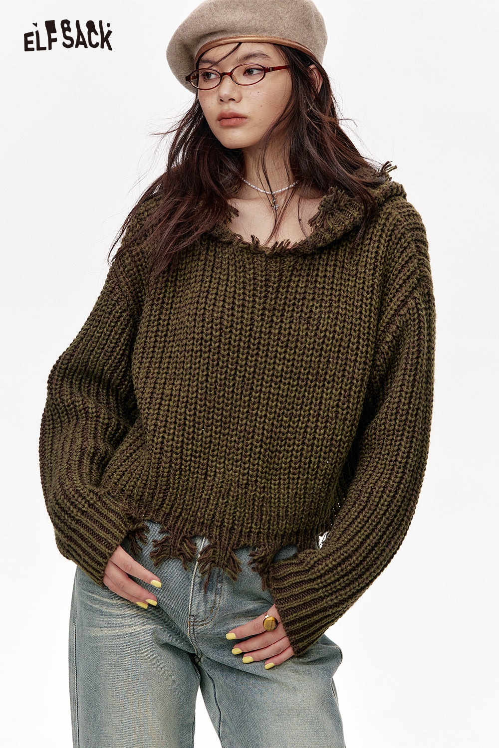 ELFSACK Sweet and cool loose hooded thickened raw edge short sweater