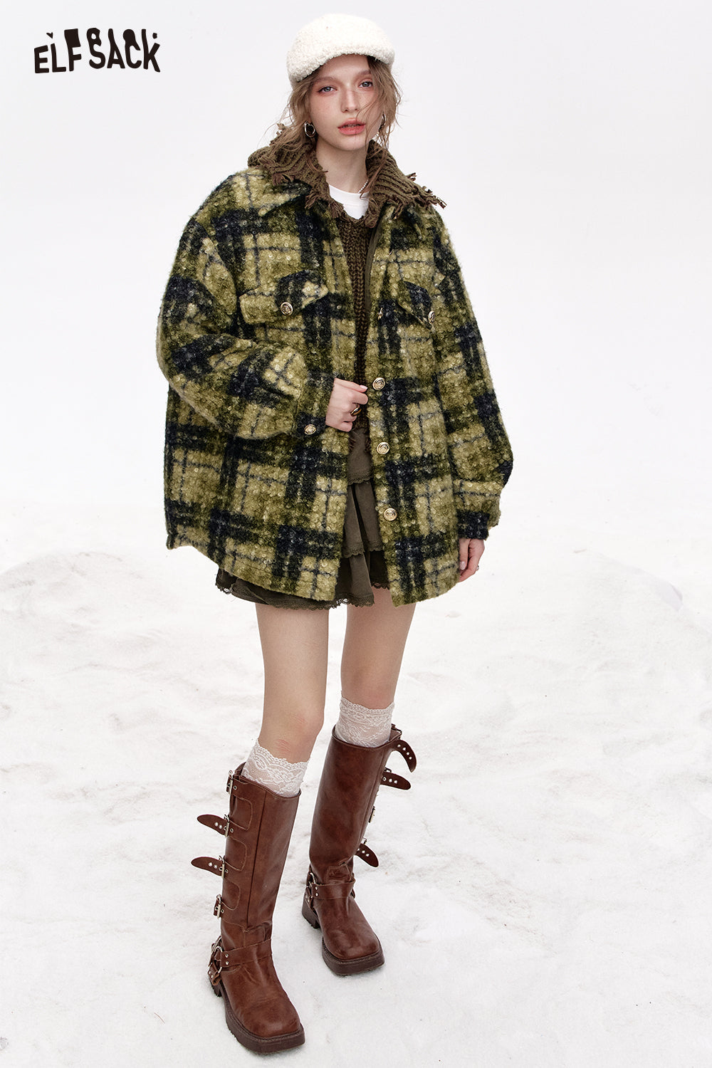 ELFSACK Sweet and cool loose hooded thickened raw edge short sweater