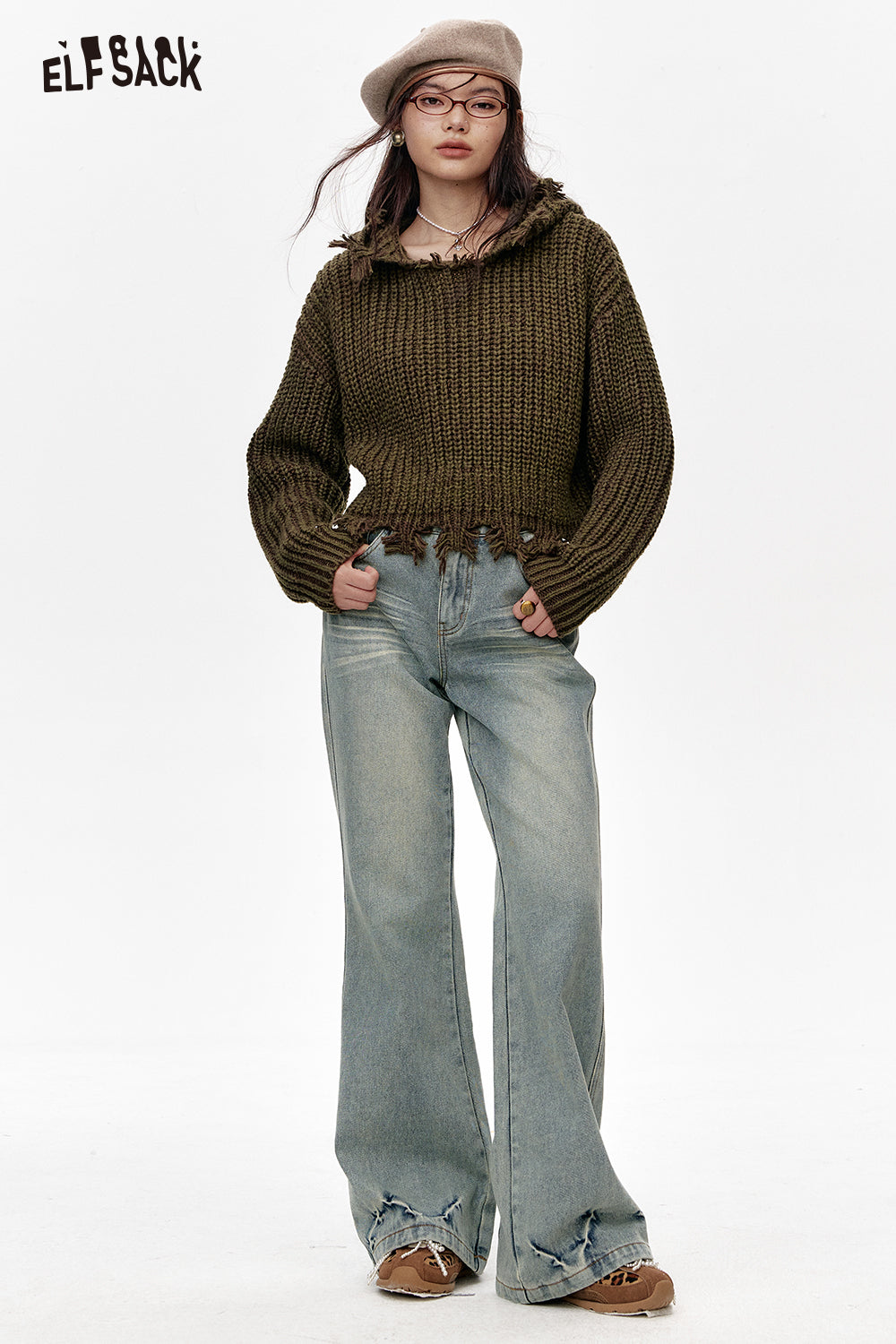 ELFSACK Sweet and cool loose hooded thickened raw edge short sweater