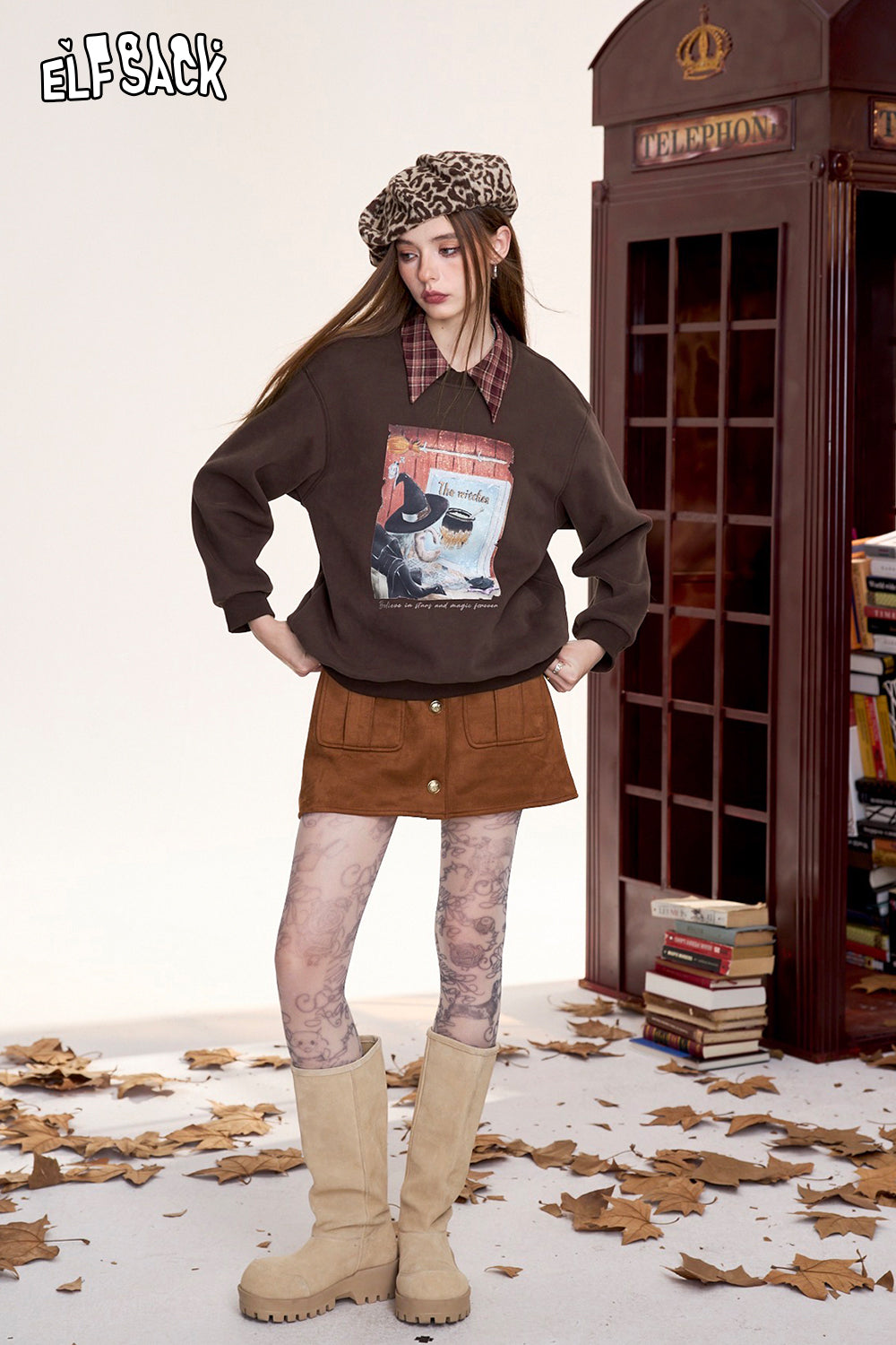 ELFSACK Original printed fake two-piece sweatshirt, retro college style fleece top