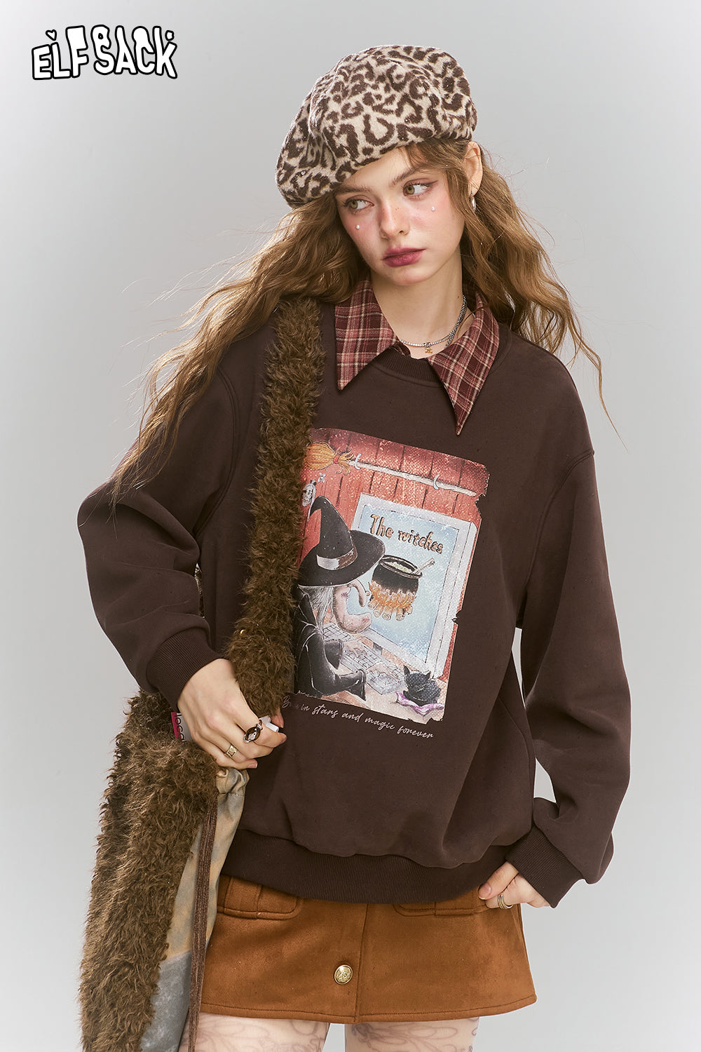 ELFSACK Original printed fake two-piece sweatshirt, retro college style fleece top