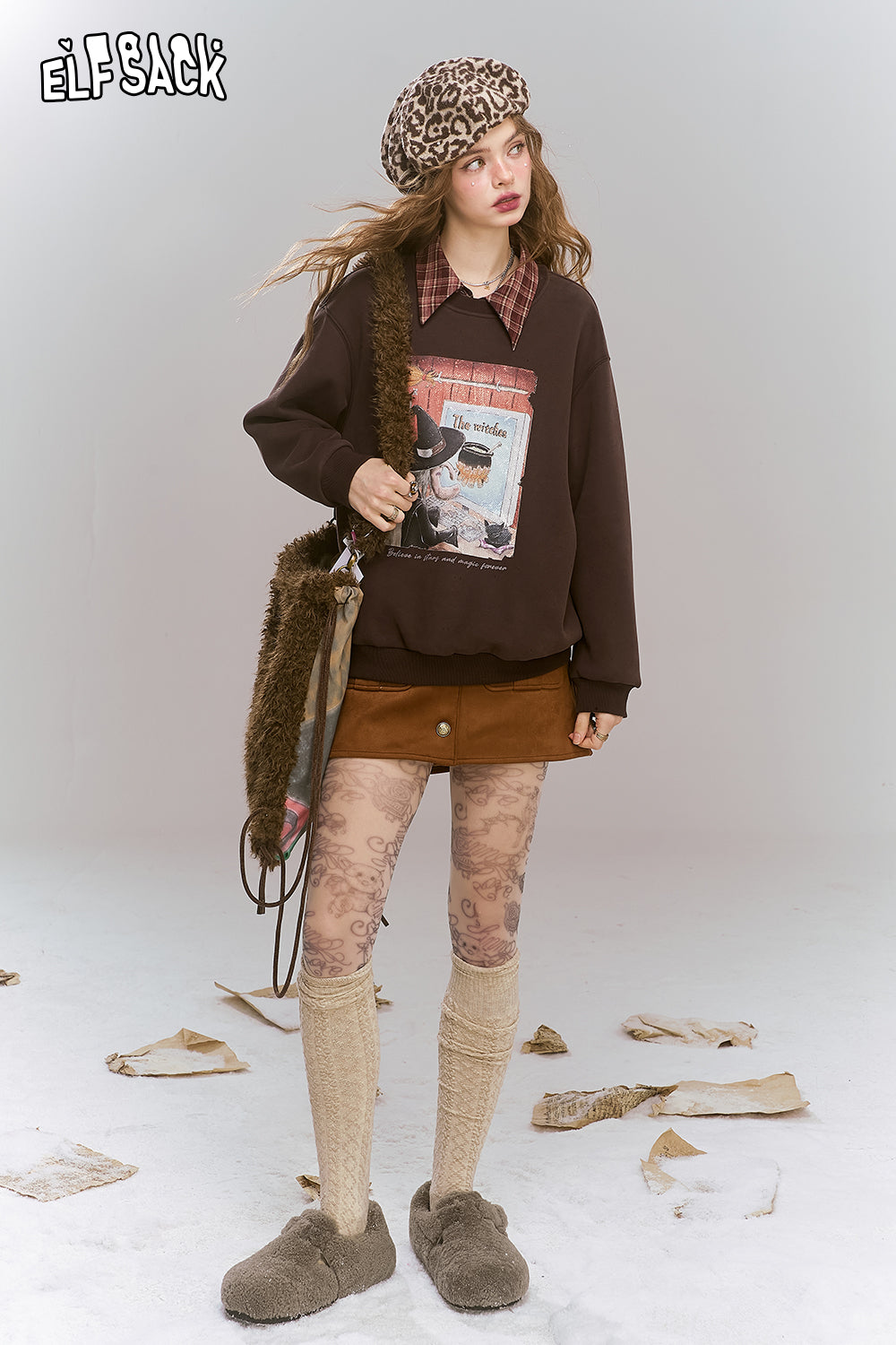 ELFSACK Original printed fake two-piece sweatshirt, retro college style fleece top
