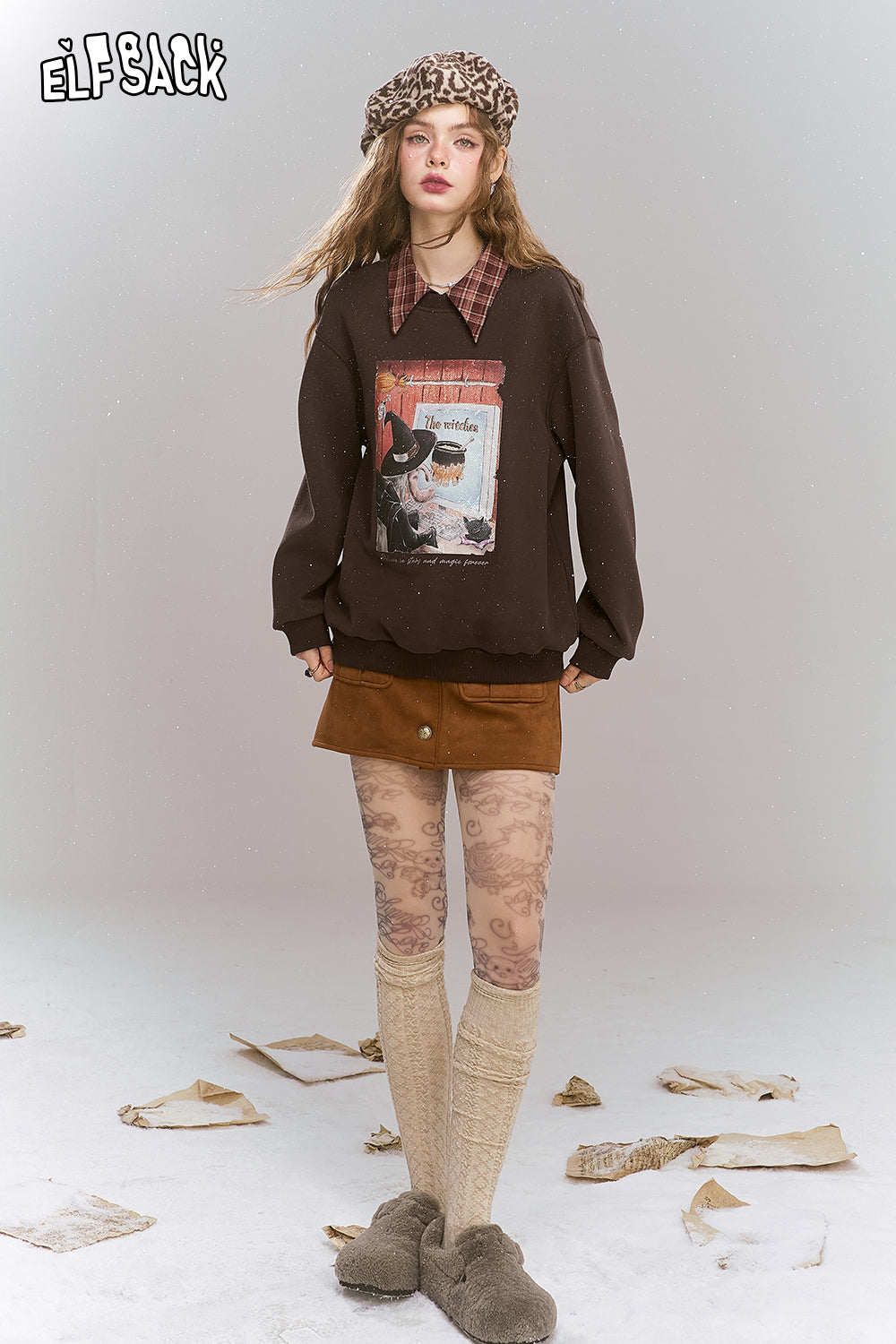 ELFSACK Original printed fake two-piece sweatshirt, retro college style fleece top
