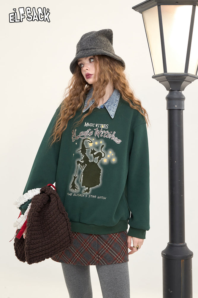 
                  
                    ELFSACK 2024 Winter New Arrivals Original printed fake two-piece sweatshirt for women, retro college style fleece top
                  
                