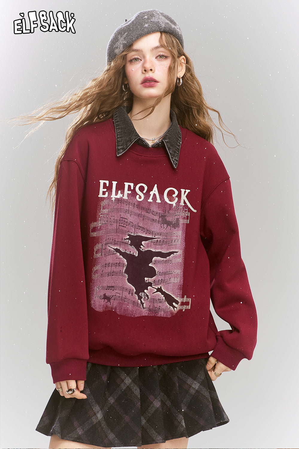 ELFSACK Original printed fake two-piece sweatshirt, retro college style fleece top