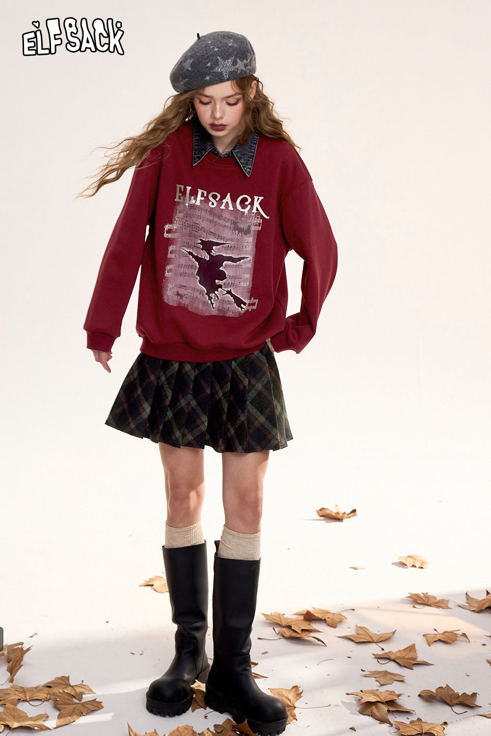 ELFSACK Original printed fake two-piece sweatshirt, retro college style fleece top