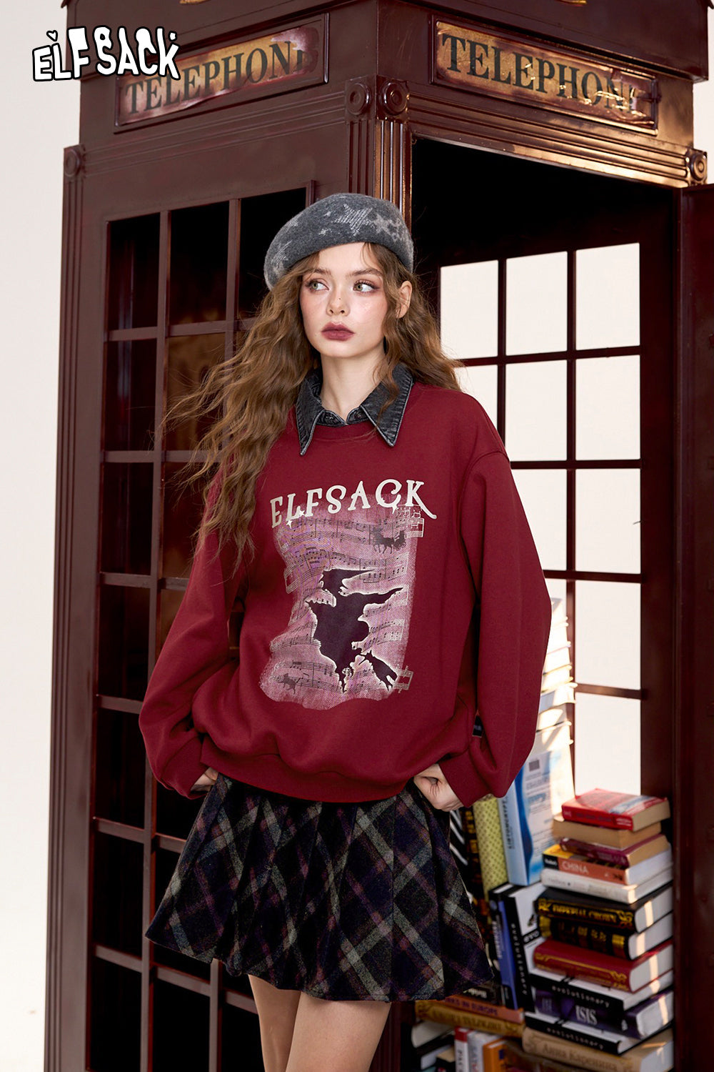 ELFSACK Original printed fake two-piece sweatshirt, retro college style fleece top